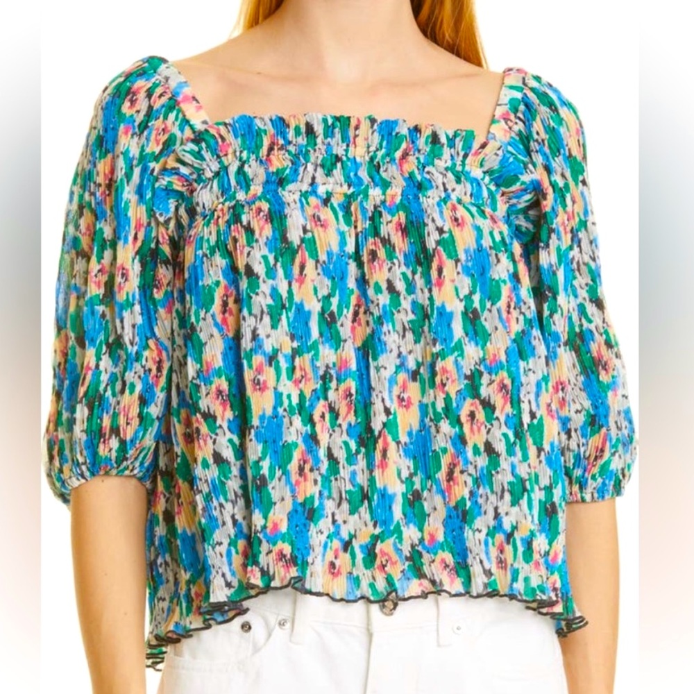 🆕🔖 GANNI✨Floral Print Plissé Smocked Georgette Top Floral Azure Blue✨34/US 2 NWT